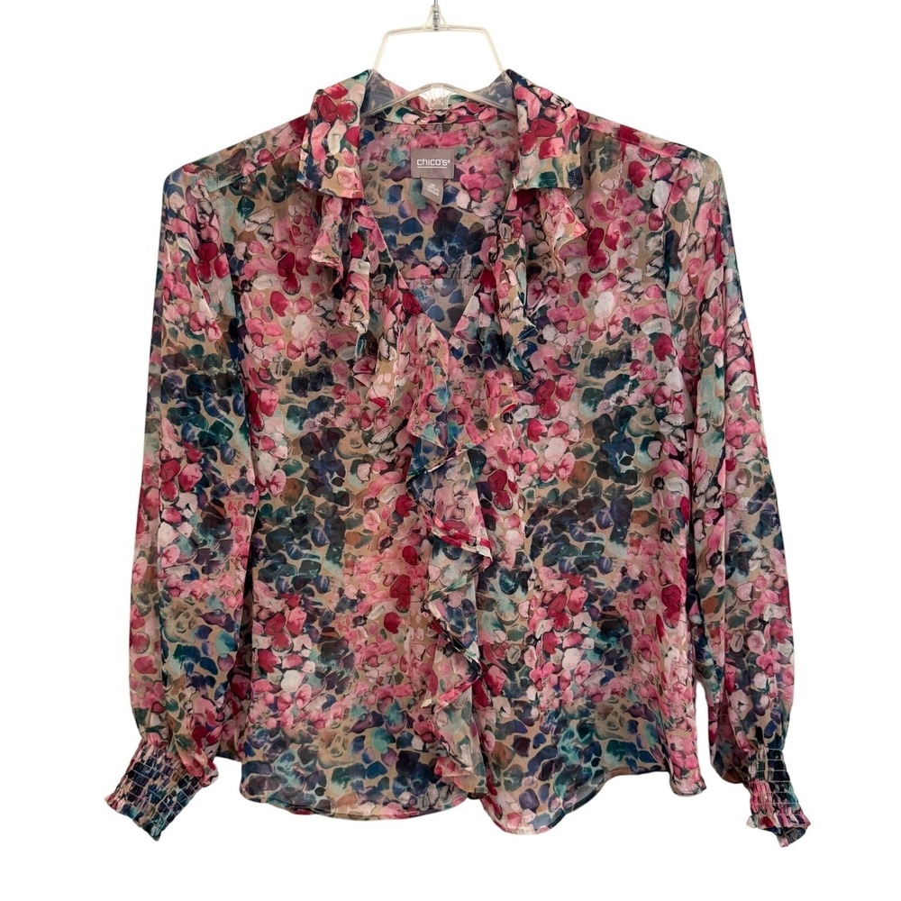 Chicos Floral Ruffle Front Blouse Pink Blue Abstract Sheer Long Sleeve Top 2 - Picture 2 of 6